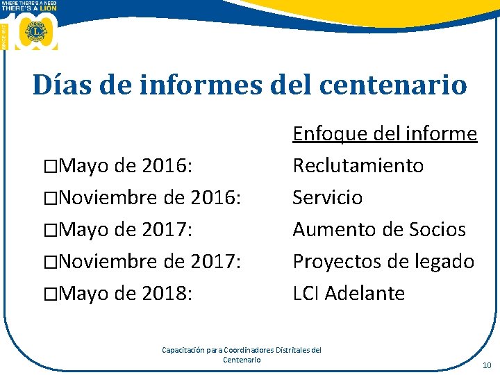 Días de informes del centenario �Mayo de 2016: �Noviembre de 2016: �Mayo de 2017: