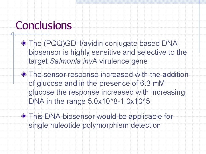 Conclusions The (PQQ)GDH/avidin conjugate based DNA biosensor is highly sensitive and selective to the