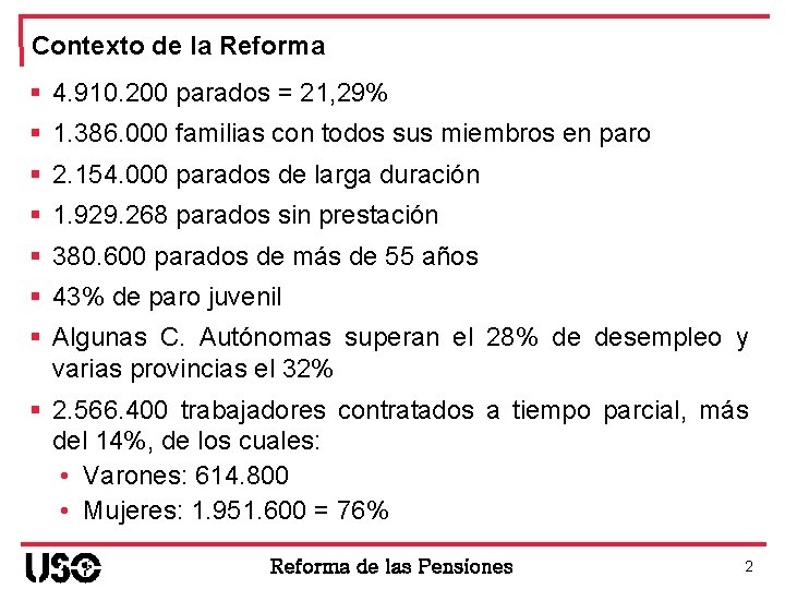 Contexto de la Reforma § 4. 910. 200 parados = 21, 29% § 1.