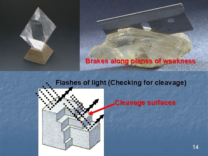 Brakes along planes of weakness Flashes of light (Checking for cleavage) Cleavage surfaces 14
