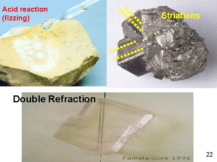 Acid reaction (fizzing) Striations Double Refraction 22 