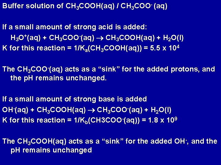 Buffer solution of CH 3 COOH(aq) / CH 3 COO- (aq) If a small