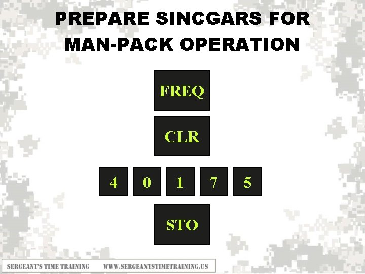 PREPARE SINCGARS FOR MAN-PACK OPERATION FREQ CLR 4 0 1 STO 7 5 