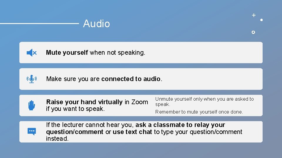 Audio Mute yourself when not speaking. Make sure you are connected to audio. Raise