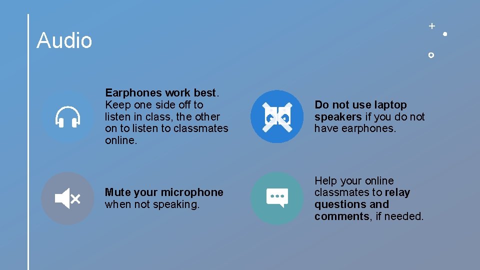 Audio Earphones work best. Keep one side off to listen in class, the other
