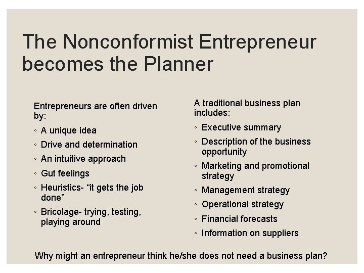 The Nonconformist Entrepreneur becomes the Planner Entrepreneurs are often driven by: A traditional business