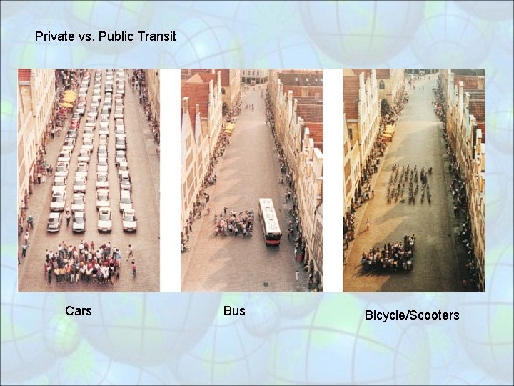 Private vs. Public Transit Cars Bus Bicycle/Scooters 