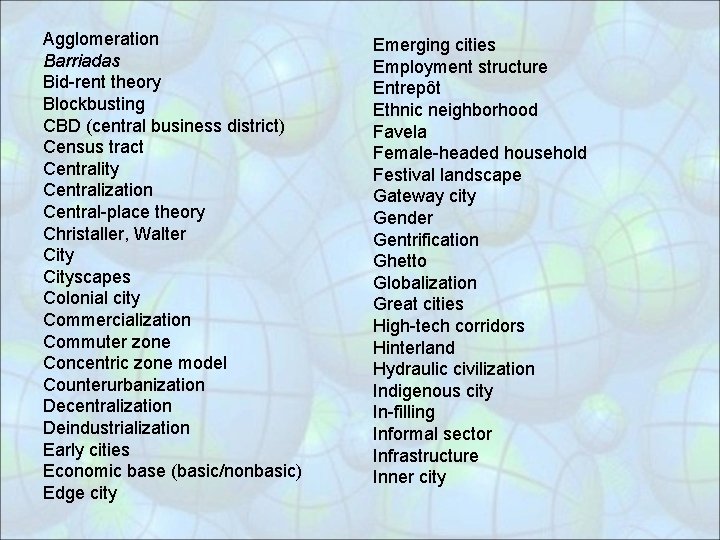 Agglomeration Barriadas Bid-rent theory Blockbusting CBD (central business district) Census tract Centrality Centralization Central-place