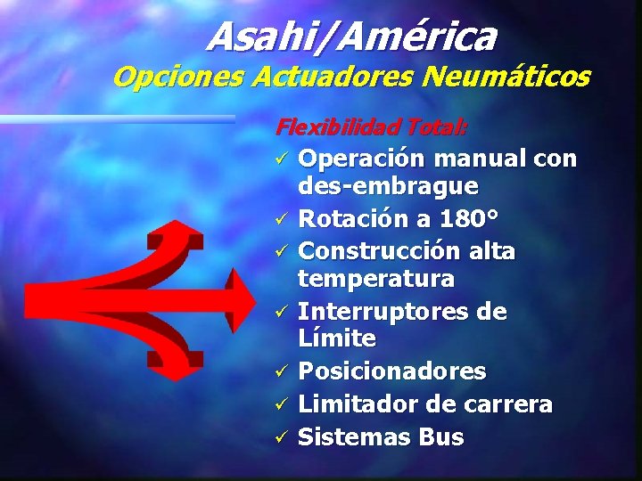 Asahi/América Opciones Actuadores Neumáticos Flexibilidad Total: ü ü ü ü Operación manual con des-embrague