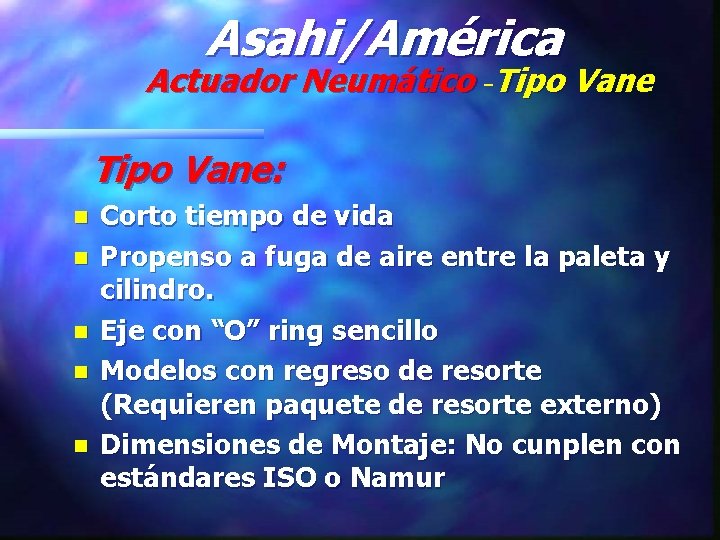 Asahi/América Actuador Neumático -Tipo Vane: n n n Corto tiempo de vida Propenso a