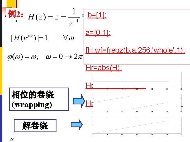 例2： b=[1]; a=[0, 1]; [H, w]=freqz(b, a, 256, 'whole', 1); Hr=abs(H); Hphase=angle(H); 相位的卷绕 (wrapping)