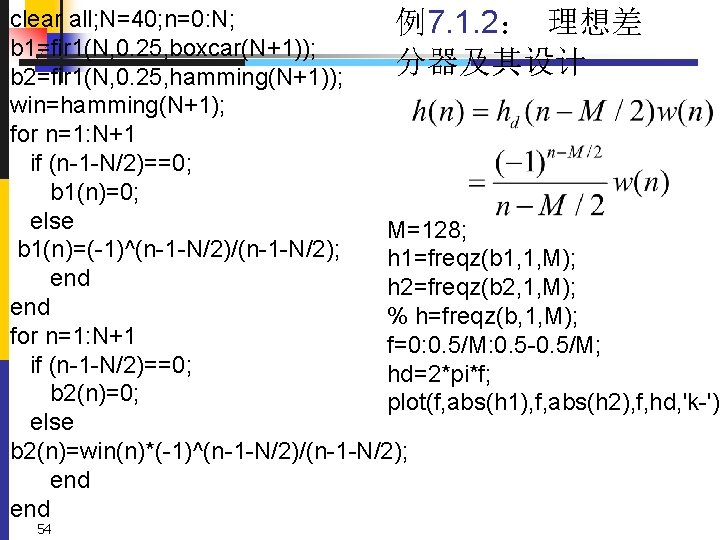 clear all; N=40; n=0: N; 例7. 1. 2： 理想差 b 1=fir 1(N, 0. 25,