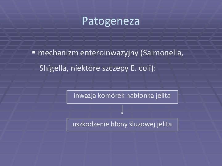 Patogeneza § mechanizm enteroinwazyjny (Salmonella, Shigella, niektóre szczepy E. coli): inwazja komórek nabłonka jelita