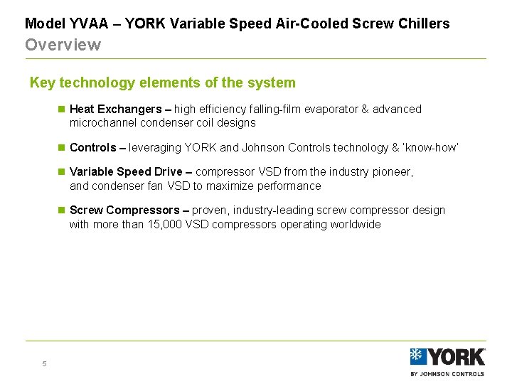 Model YVAA – YORK Variable Speed Air-Cooled Screw Chillers Overview Key technology elements of