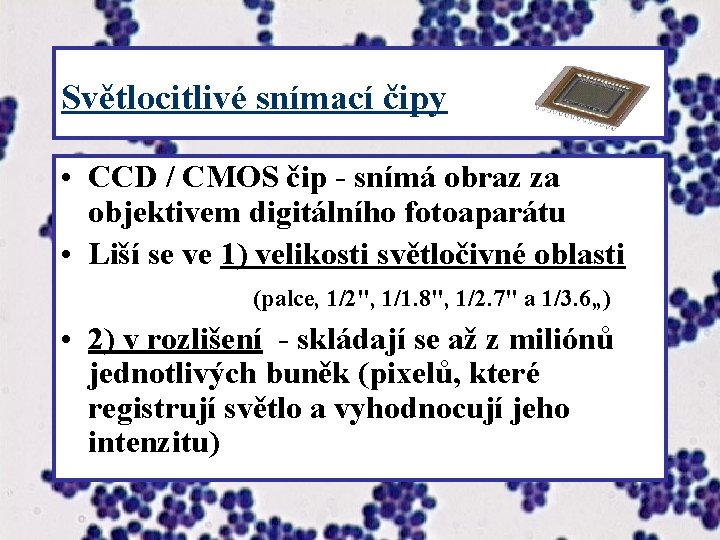 Světlocitlivé snímací čipy • CCD / CMOS čip - snímá obraz za objektivem digitálního