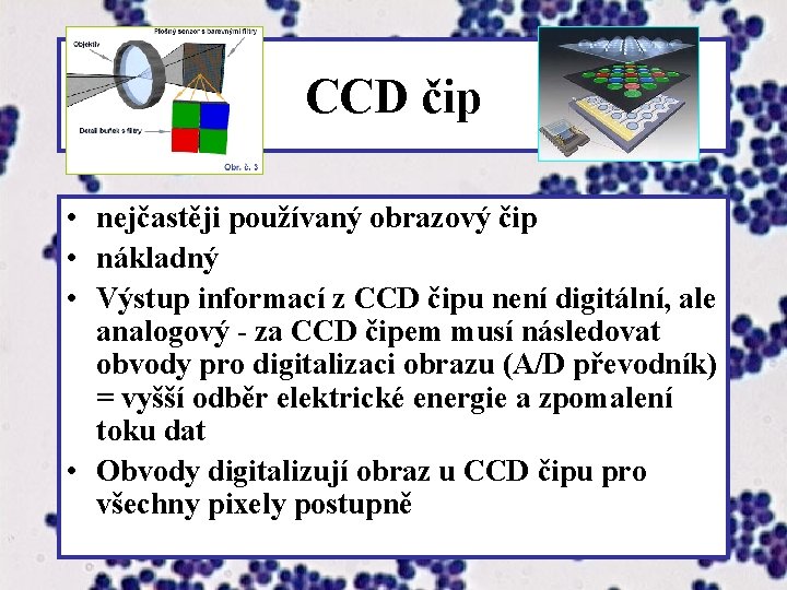 CCD čip • nejčastěji používaný obrazový čip • nákladný • Výstup informací z CCD