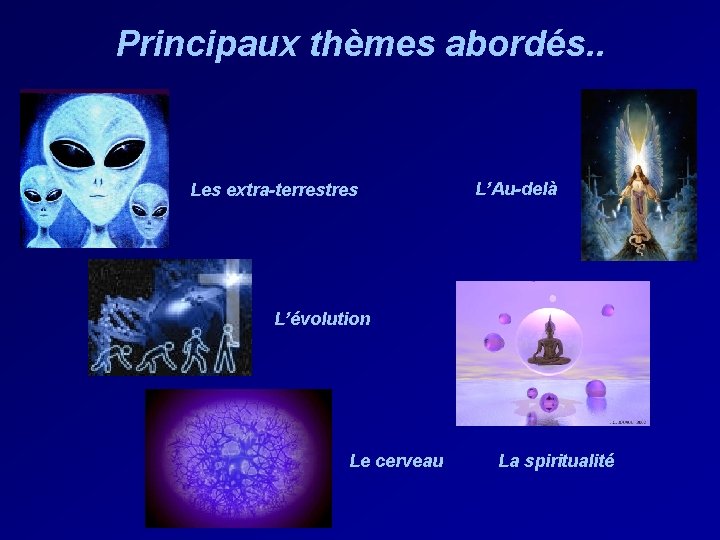 Principaux thèmes abordés. . Les extra-terrestres L’Au-delà L’évolution Le cerveau La spiritualité 