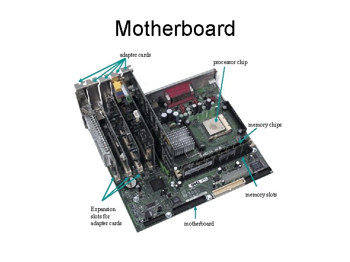 Motherboard adapter cards processor chip memory chips memory slots Expansion slots for adapter cards