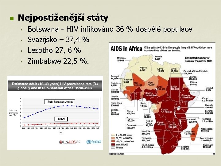 n Nejpostiženější státy • • Botswana - HIV infikováno 36 % dospělé populace Svazijsko