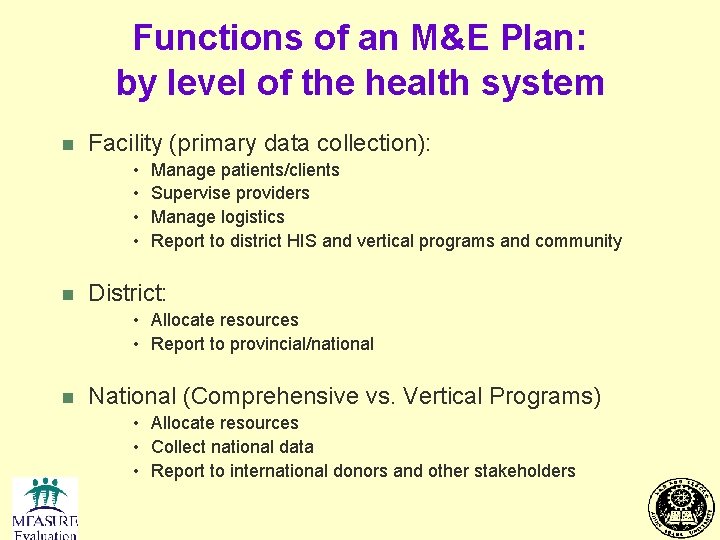 Functions of an M&E Plan: by level of the health system n Facility (primary