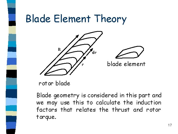 Blade Element Theory R dr r blade element rotor blade Blade geometry is considered