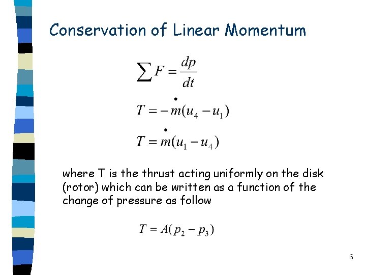 Conservation of Linear Momentum where T is the thrust acting uniformly on the disk