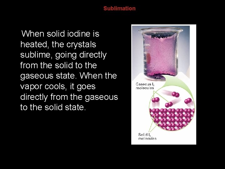 13. 4 Sublimation When solid iodine is heated, the crystals sublime, going directly from