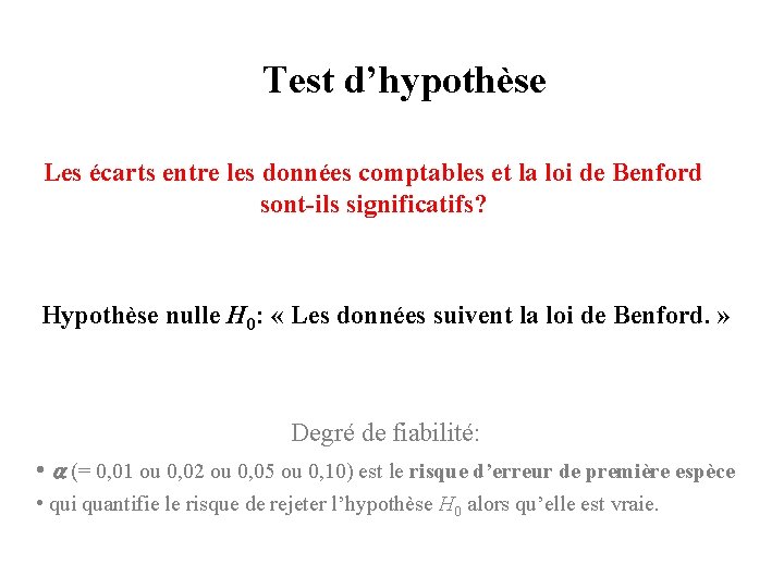 Test d’hypothèse Les écarts entre les données comptables et la loi de Benford sont-ils