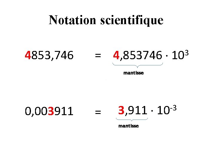 Notation scientifique 4853, 746 = 4, 853746 103 mantisse 0, 003911 = 3, 911