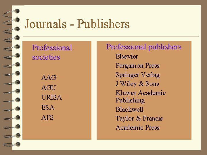 Journals - Publishers 4 Professional societies – – – AAG AGU URISA ESA AFS