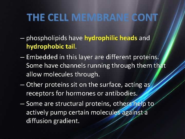 THE CELL MEMBRANE CONT – phospholipids have hydrophilic heads and hydrophobic tail. – Embedded