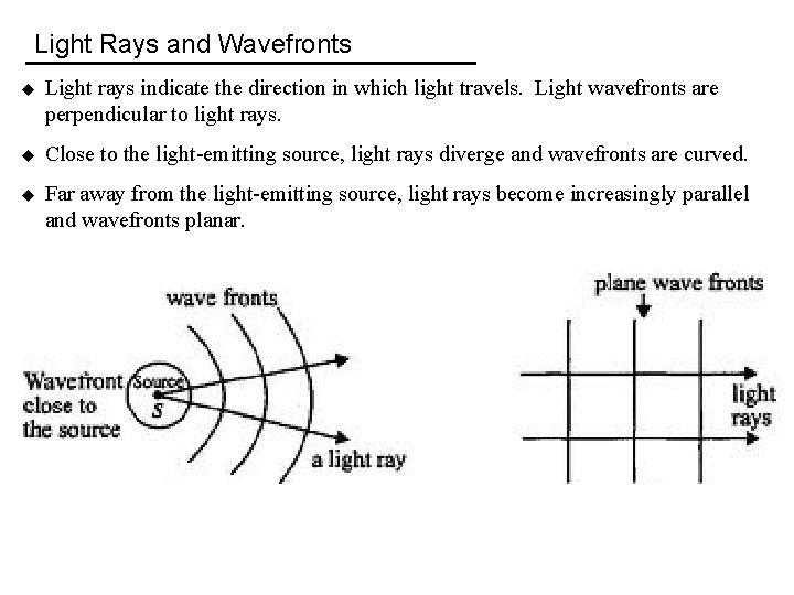 Light Rays and Wavefronts u Light rays indicate the direction in which light travels.