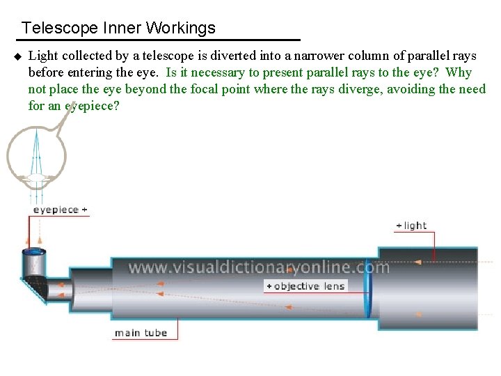 Telescope Inner Workings u Light collected by a telescope is diverted into a narrower