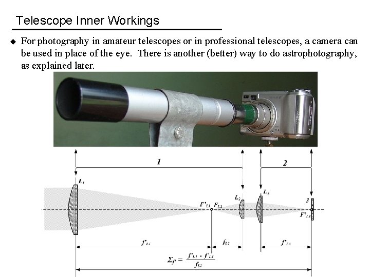 Telescope Inner Workings u For photography in amateur telescopes or in professional telescopes, a