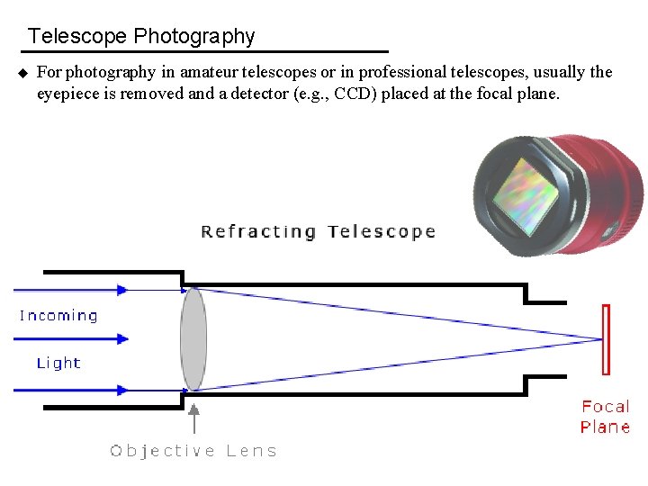 Telescope Photography u For photography in amateur telescopes or in professional telescopes, usually the