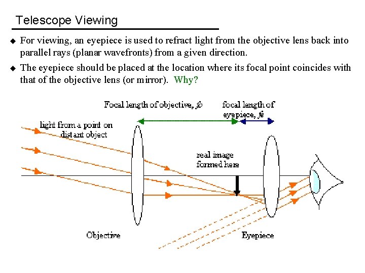 Telescope Viewing u u For viewing, an eyepiece is used to refract light from