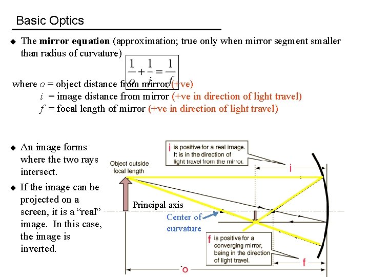 Basic Optics u The mirror equation (approximation; true only when mirror segment smaller than