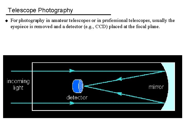 Telescope Photography u For photography in amateur telescopes or in professional telescopes, usually the