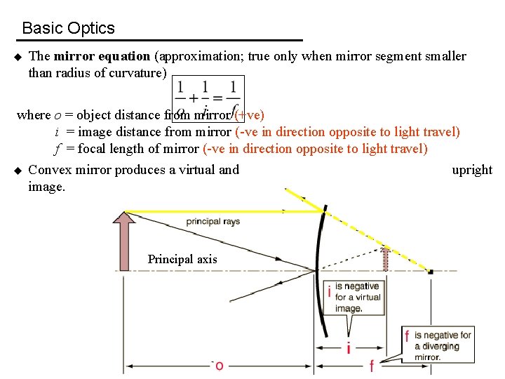 Basic Optics u The mirror equation (approximation; true only when mirror segment smaller than