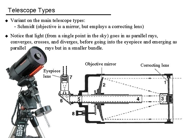 Telescope Types u Variant on the main telescope types: - Schmidt (objective is a