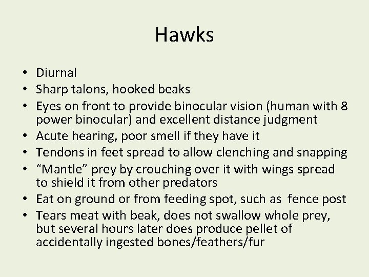 Hawks • Diurnal • Sharp talons, hooked beaks • Eyes on front to provide