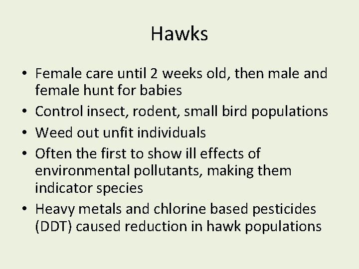 Hawks • Female care until 2 weeks old, then male and female hunt for