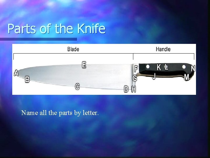 Parts of the Knife Name all the parts by letter. 
