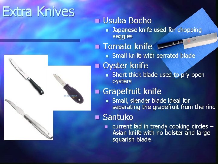 Extra Knives n Usuba Bocho n n Tomato knife n n Short thick blade