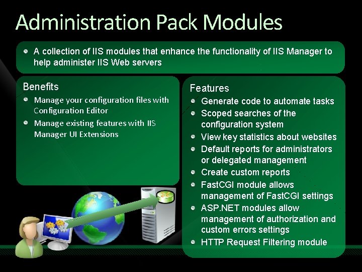 Administration Pack Modules A collection of IIS modules that enhance the functionality of IIS