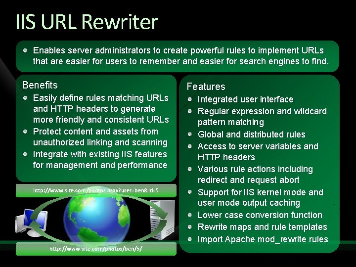 IIS URL Rewriter Enables server administrators to create powerful rules to implement URLs that