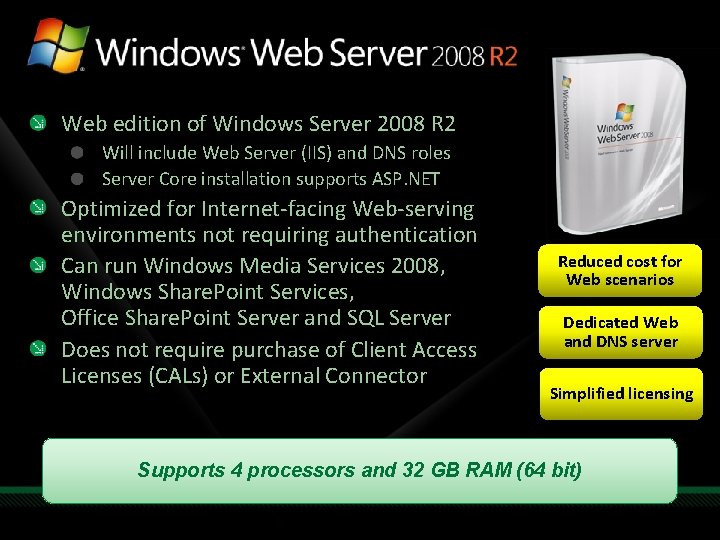 Web edition of Windows Server 2008 R 2 Will include Web Server (IIS) and