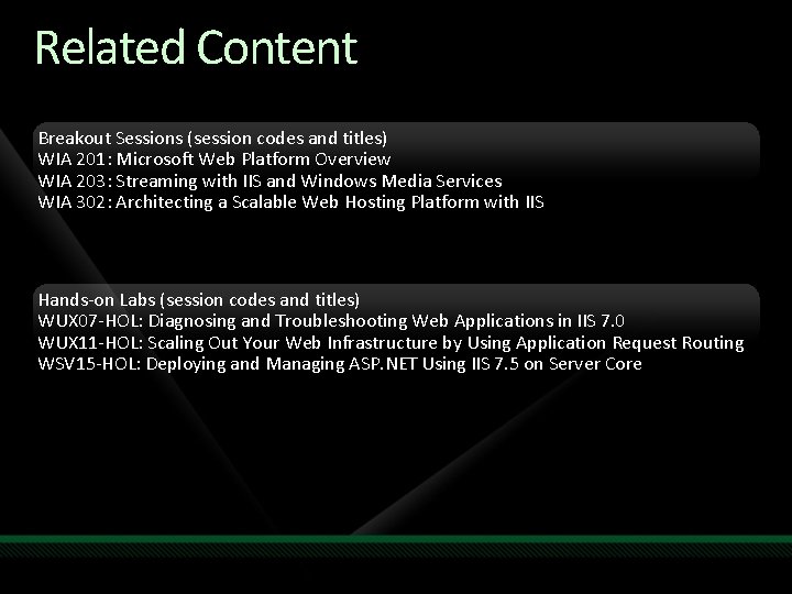 Related Content Breakout Sessions (session codes and titles) WIA 201: Microsoft Web Platform Overview