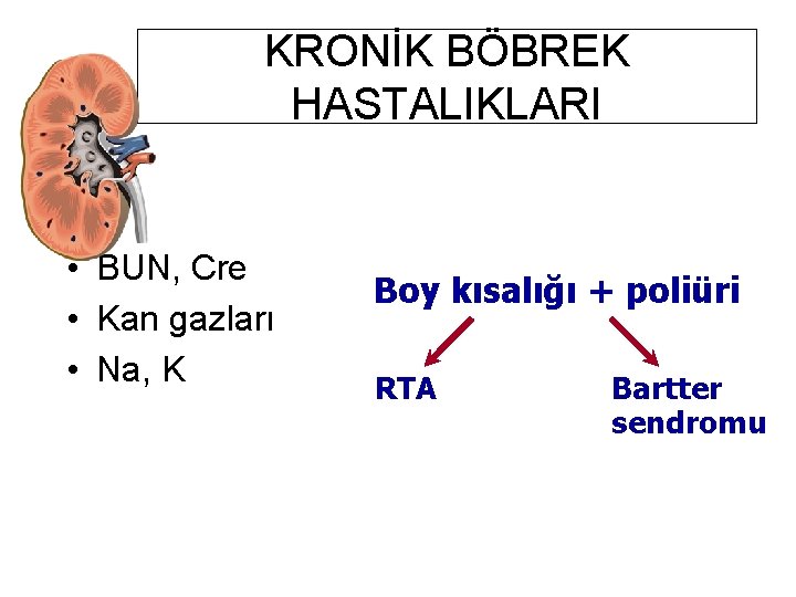 KRONİK BÖBREK HASTALIKLARI • BUN, Cre • Kan gazları • Na, K Boy kısalığı