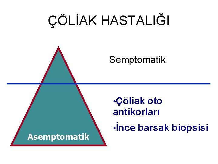 ÇÖLİAK HASTALIĞI Semptomatik • Çöliak oto antikorları Asemptomatik • İnce barsak biopsisi 